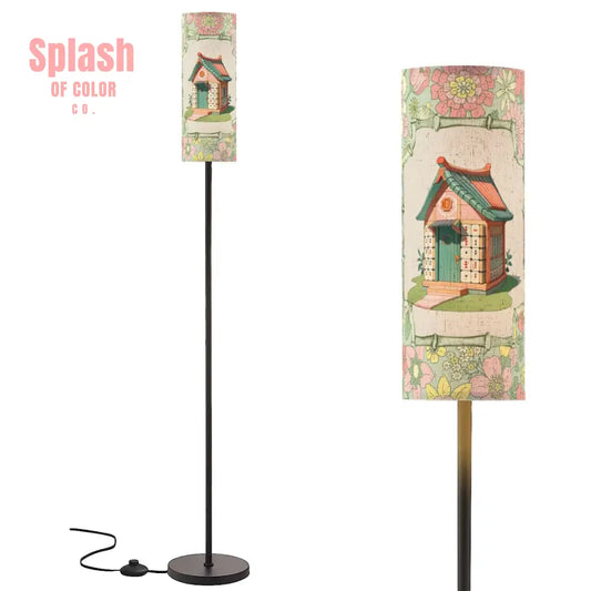 Floral Heritage Mahjong House Whimsical Green Pink Book Book Preppy Floor Lamp One Size Floor Lamps
