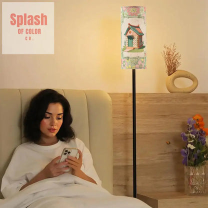 Floral Heritage Mahjong House Whimsical Green Pink Book Book Preppy Floor Lamp One Size Floor Lamps