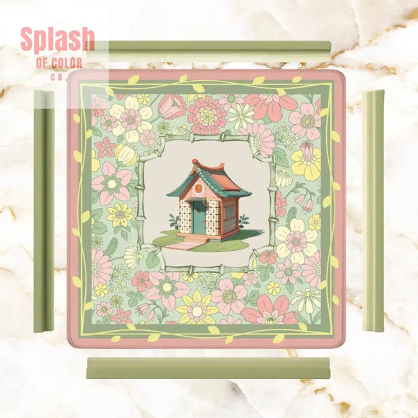 Floral Heritage Mahjong Mat, Whimsical Mahj House Pink Green Preppy Game Mat - Splash of Color co.