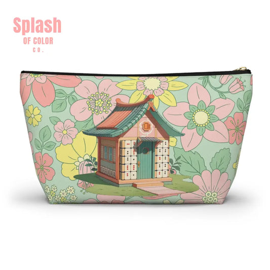 Floral Heritage Mahjong Tile Pouch Whimsical Mahj House Accessory Pouch Makeup Bag Large / Black zipper Bags