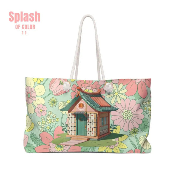 Floral Heritage Mahjong Tote Bag Cottage Weekender Bag, Green Pink Preppy Whimsical Mahj Gift - Splash of Color co.
