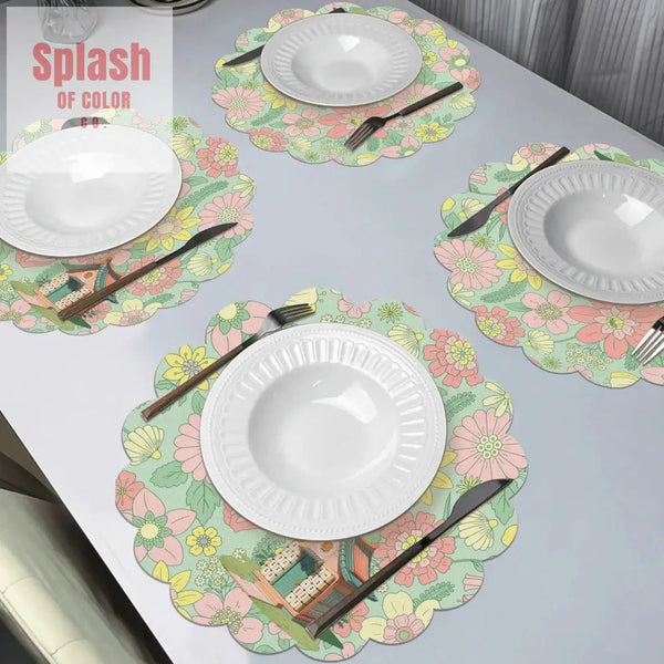 Floral Heritage Whimsical Mahj Tile House Cottage Green Pink Placemat Set - Splash of Color co.