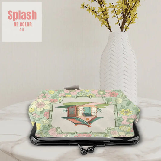 Floral Mahjong Whimsical Preppy Green Pink Women’s Kiss Lock Coin Purse 4.5’’x4.1’’ Wallet