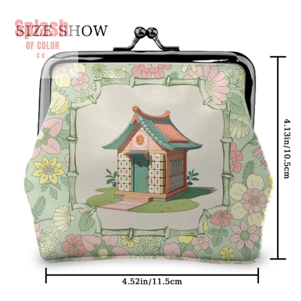 Floral Mahjong Whimsical Preppy Green Pink Women’s Kiss Lock Coin Purse 4.5’’x4.1’’ Wallet