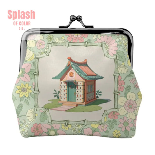 Floral Mahjong Whimsical Preppy Green Pink Women’s Kiss Lock Coin Purse 4.5’’x4.1’’ Wallet
