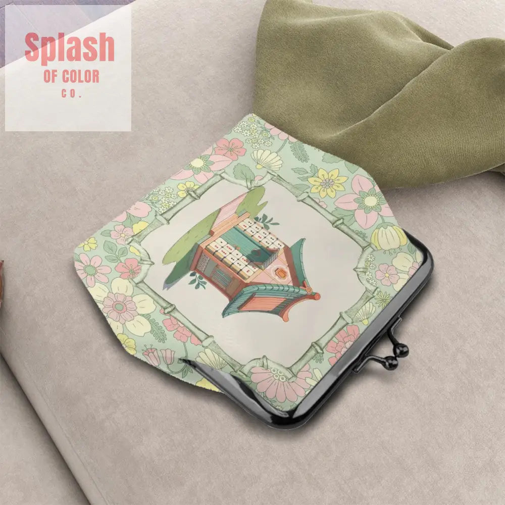 Floral Mahjong Whimsical Preppy Green Pink Women’s Kiss Lock Coin Purse 4.5’’x4.1’’ Wallet