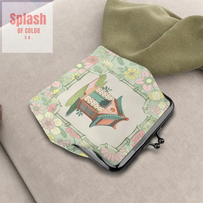 Floral Mahjong Whimsical Preppy Green Pink Women’s Kiss Lock Coin Purse 4.5’’x4.1’’ Wallet