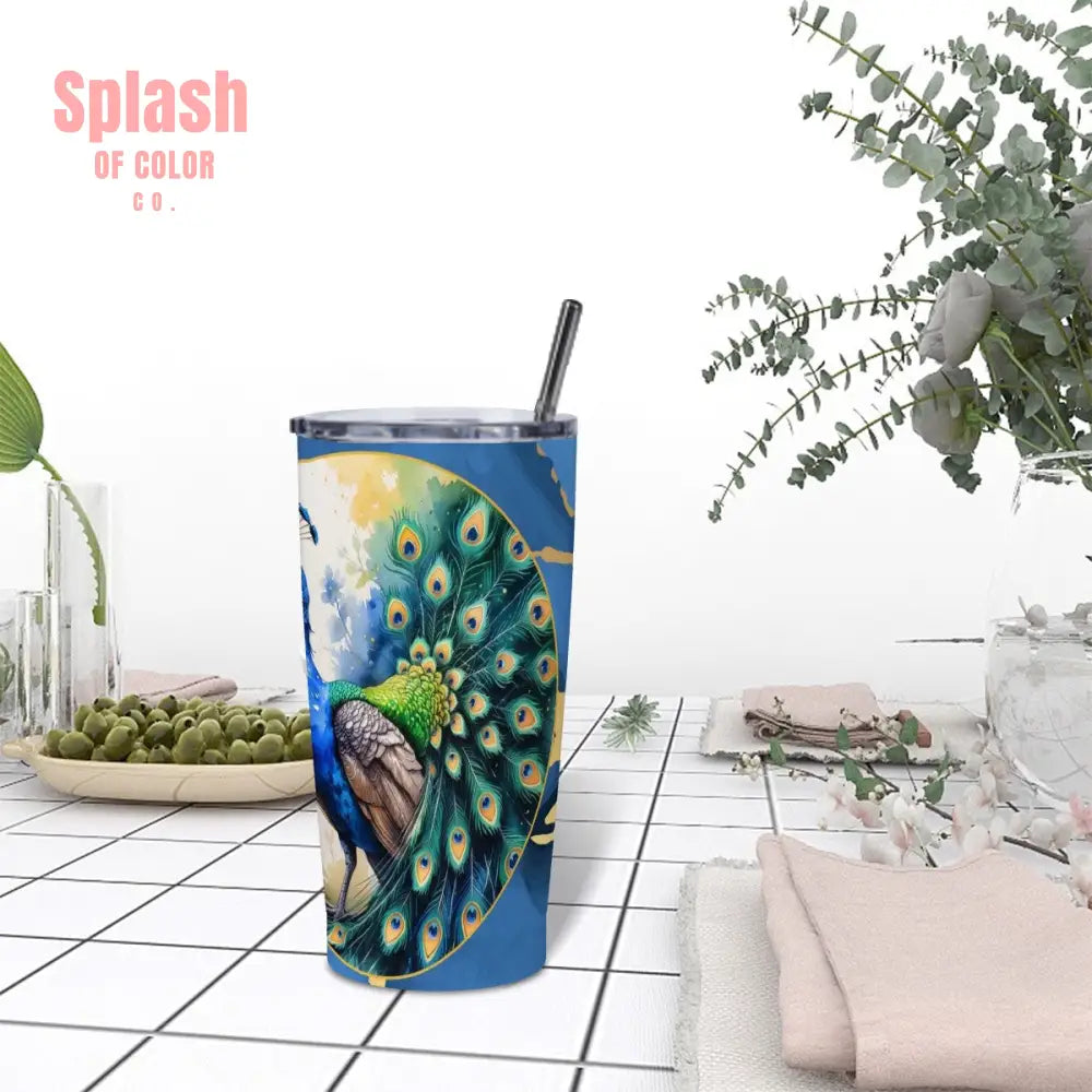 Floral Peacock Watercolor Blue And Gold Marbled Stainless Steel Insulated Tumbler One Size Drinkware