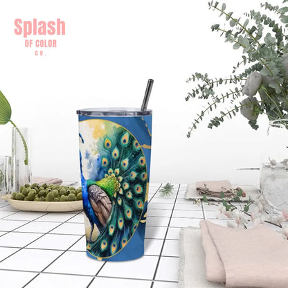 Floral Peacock Watercolor Blue And Gold Marbled Stainless Steel Insulated Tumbler One Size Drinkware