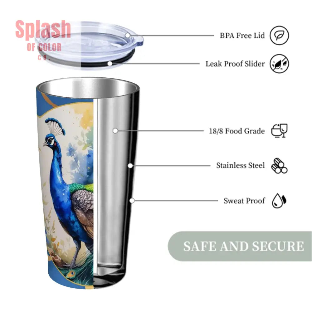 Floral Peacock Watercolor Blue And Gold Marbled Stainless Steel Insulated Tumbler One Size Drinkware