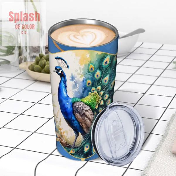 Floral Peacock Watercolor Blue And Gold Marbled Stainless Steel Insulated Tumbler - Splash of Color co.