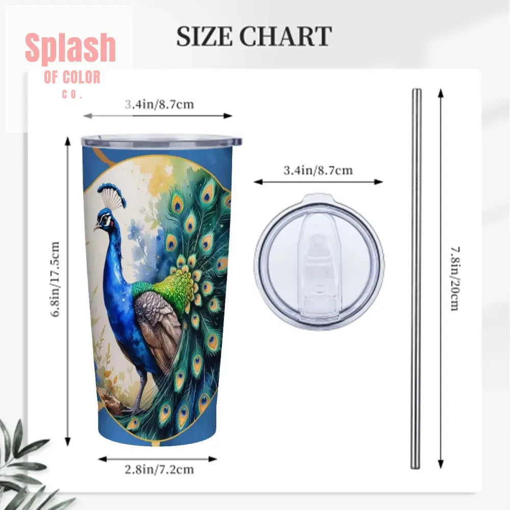 Floral Peacock Watercolor Blue And Gold Marbled Stainless Steel Insulated Tumbler One Size Drinkware