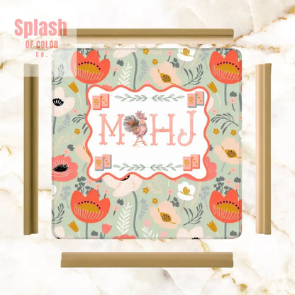 Floral Poppy Mahjong Mat Preppy Orange Green Pretty Mahj Mat - 31.5’’x31.5’’ - Daily Accessories