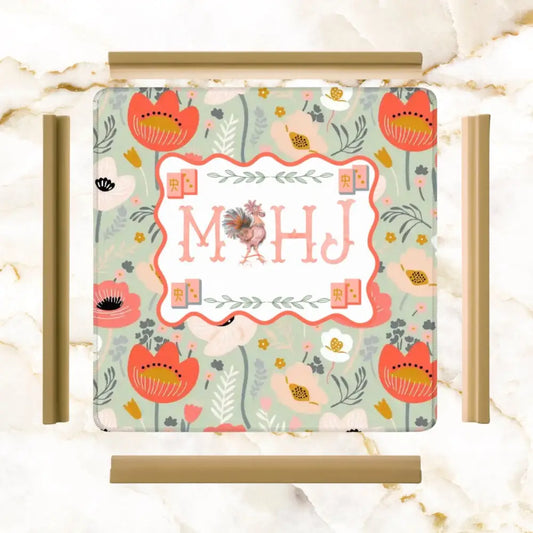 Floral Poppy Mahjong Mat Preppy Orange Green Pretty Mahj Mat - 31.5’’x31.5’’ - Daily Accessories