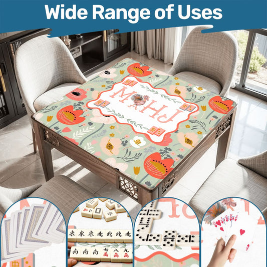 Floral Poppy Mahjong Mat Preppy Orange Green Pretty Mahj Mat - 31.5’’x31.5’’ - Daily Accessories