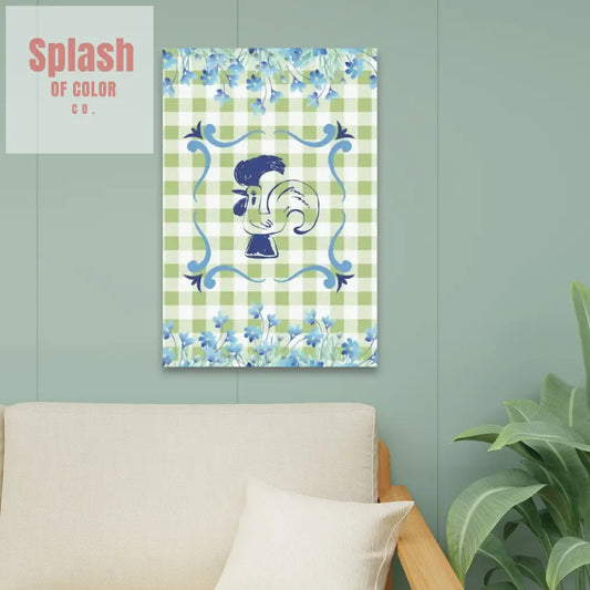 Floral Rooster Green And White Gingham Canvas Wall Art - 24’’x36’’ - Wall Art