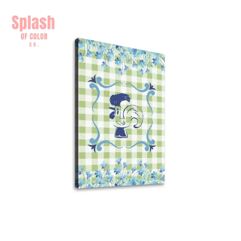 Floral Rooster Green And White Gingham Canvas Wall Art - 24’’x36’’ - Wall Art