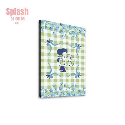 Floral Rooster Green And White Gingham Canvas Wall Art - Splash of Color co.