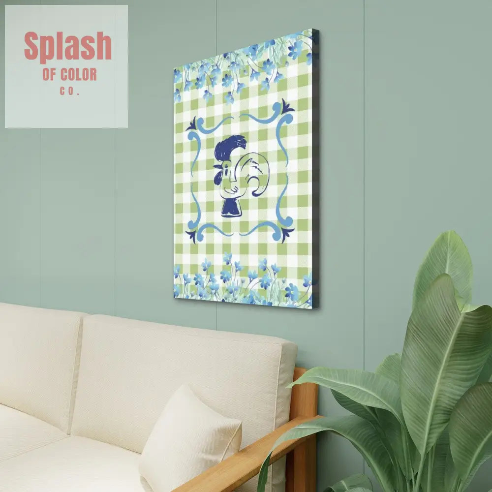 Floral Rooster Green And White Gingham Canvas Wall Art - 24’’x36’’ - Wall Art