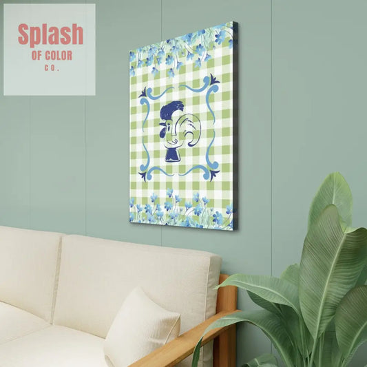Floral Rooster Green And White Gingham Canvas Wall Art - 24’’x36’’ - Wall Art