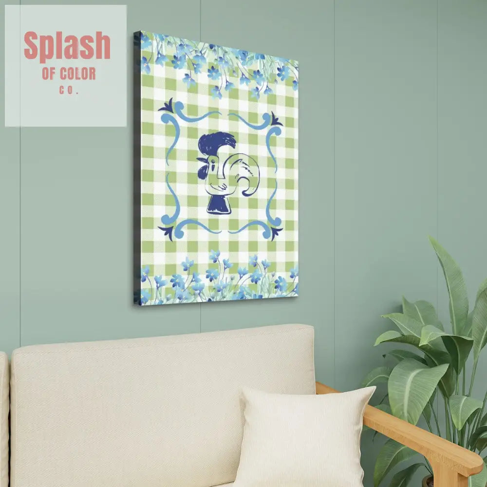 Floral Rooster Green And White Gingham Canvas Wall Art - 24’’x36’’ - Wall Art