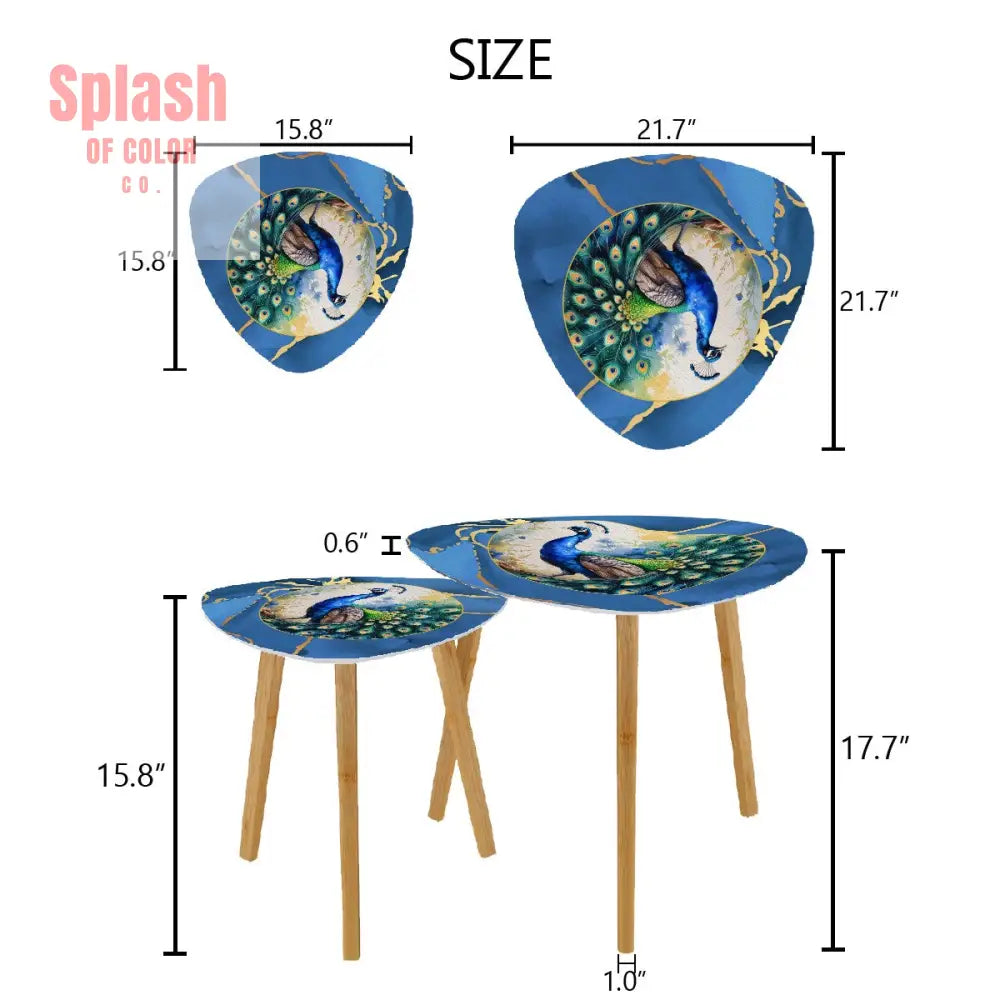 Floral Watercolor Peacock Marbled Blue And Gold Accent Asian Designed Nesting Tables - One Size - Home Accessories