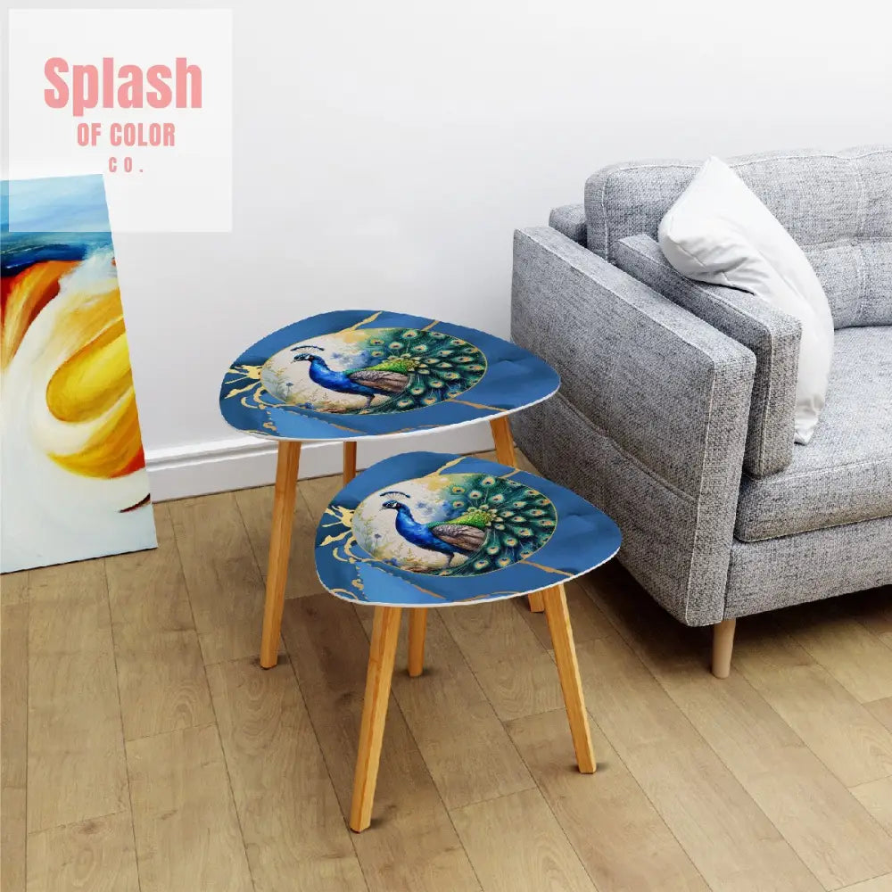Floral Watercolor Peacock Marbled Blue And Gold Accent Asian Designed Nesting Tables - One Size - Home Accessories