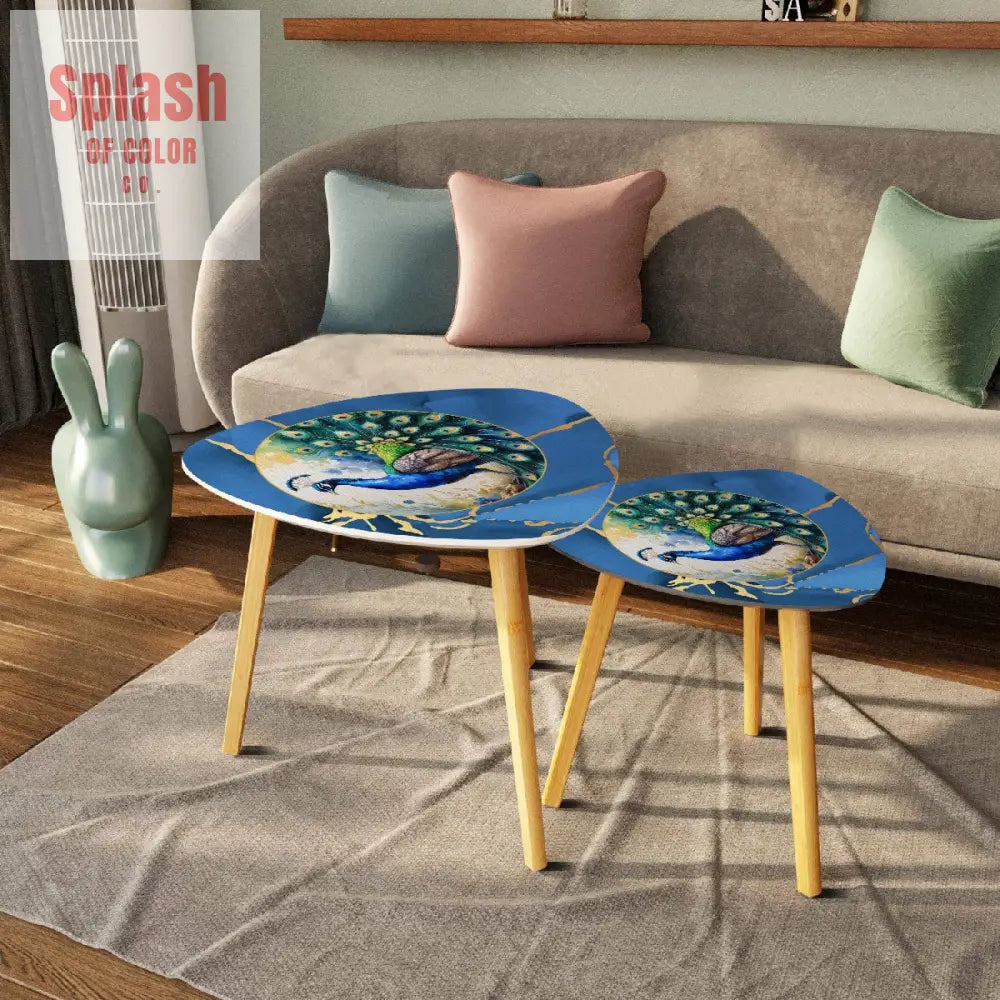 Floral Watercolor Peacock Marbled Blue And Gold Accent Asian Designed Nesting Tables - One Size - Home Accessories