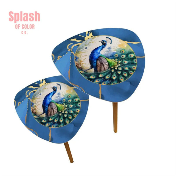 Floral Watercolor Peacock Marbled Blue And Gold Accent Asian Designed Nesting Tables - Splash of Color co.