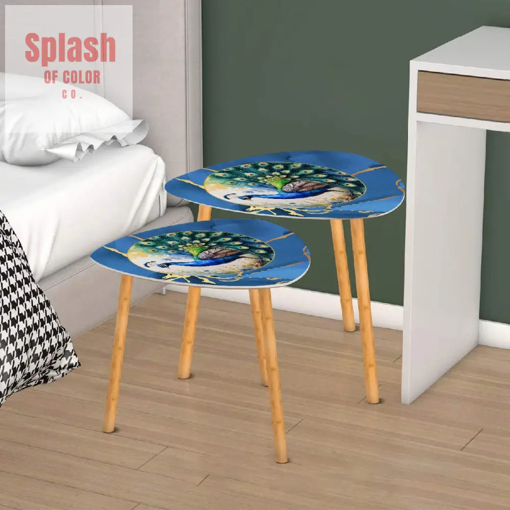 Floral Watercolor Peacock Marbled Blue And Gold Accent Asian Designed Nesting Tables - One Size - Home Accessories