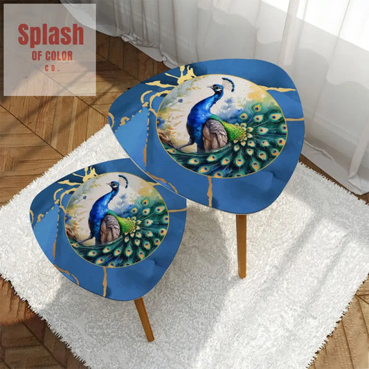 Floral Watercolor Peacock Marbled Blue And Gold Accent Asian Designed Nesting Tables - One Size - Home Accessories