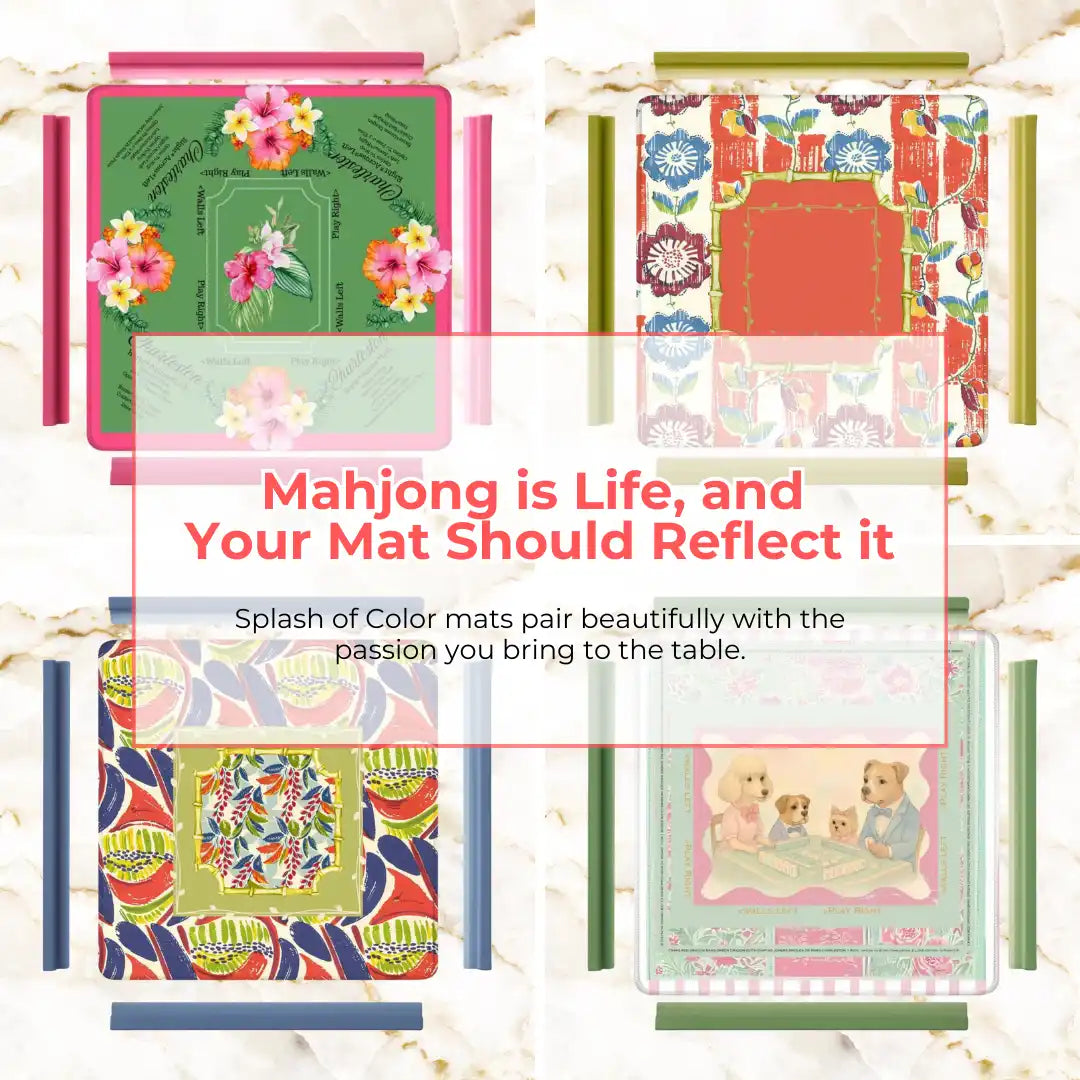 Four decorative Mahjong playing mats with matching tile racks.