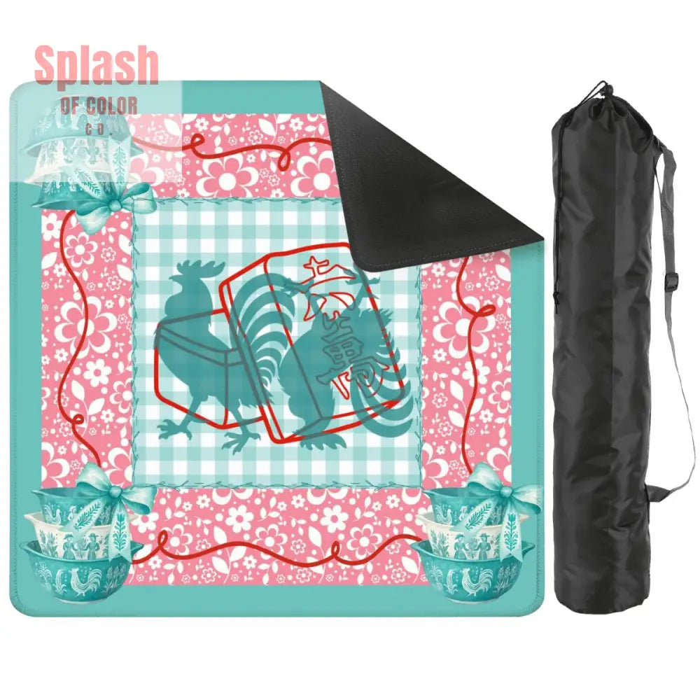 French Country Rooster Vintage Pyrex Aqua Pink Whimsical Mahjong Game Mat - 2mm (Black Bag) - Daily Accessories