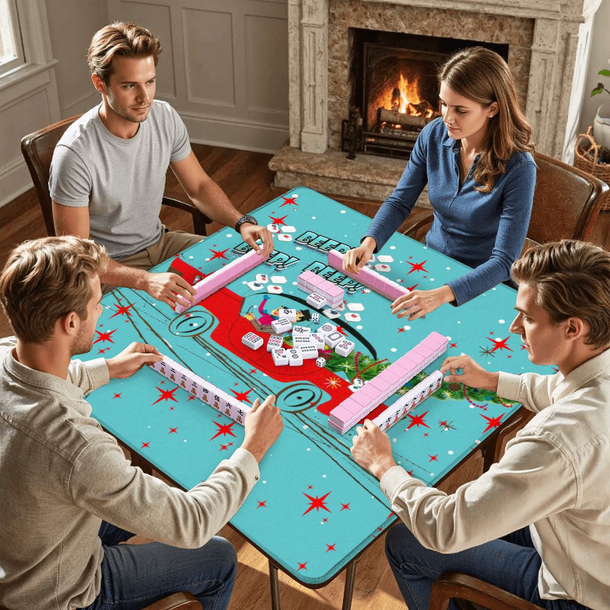 Funny Christmas Mahjong Mat Beep Beep Beep Nostalgic Christmas Mahj Play Mat - 31.5’’x31.5’’ - Daily Accessories