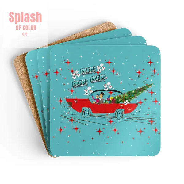 Funny Mahjong Christmas Festive Cork Coaster Set Vintage Car Design Party Accessories Drinkware Coasters - Cork