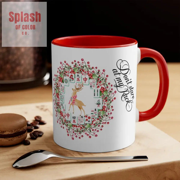 Funny Mahjong Christmas Mug Don’t Stare At My Rack Mahj Tiles Reindeer Festive Mahj Mug for Holiday Cheer - 11oz Accent