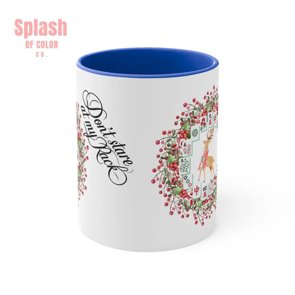 Funny Mahjong Christmas Mug Don’t Stare At My Rack Mahj Tiles Reindeer Festive Mahj Mug for Holiday Cheer - 11oz Accent