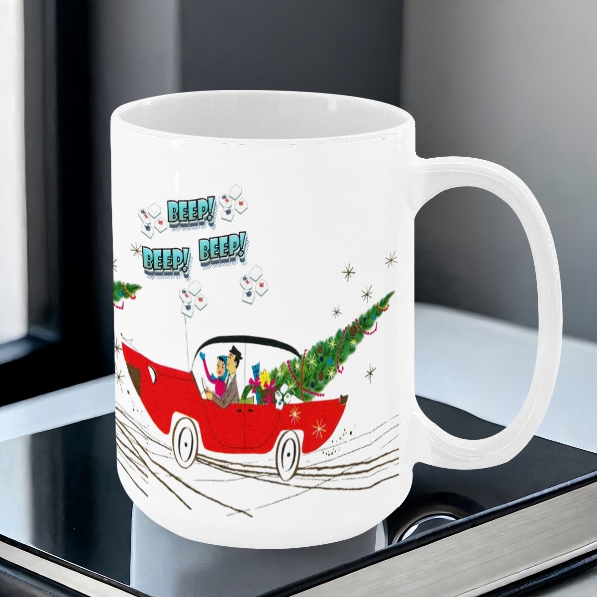 Funny Mahjong Christmas Mug Nostalgic Christmas Beep Beep Large Mug (15oz) - Drinkware