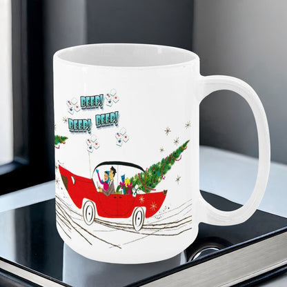 Funny Mahjong Christmas Mug Nostalgic Christmas Beep Beep Large Mug (15oz) - Drinkware