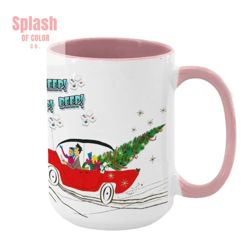 Funny Mahjong Christmas Mug Nostalgic Christmas Beep Beep Large Mug (15oz) - Pink / One Size - Drinkware