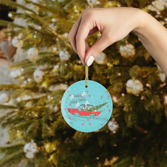 Funny Mahjong Christmas Ornament Beep Beep Time To Mahj Vintage Car And Couple Christmas Tree Decoration - 1 pc / Round