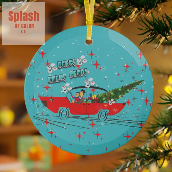Funny Mahjong Christmas Ornament Beep Beep Time To Mahj Vintage Car And Couple Christmas Tree Decoration - 1 pc / Round