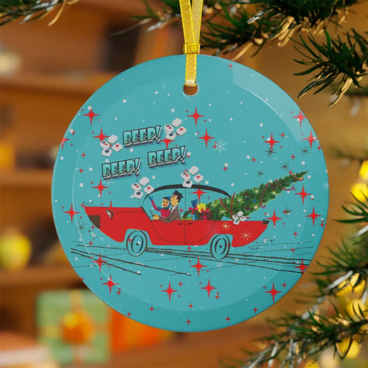 Funny Mahjong Christmas Ornament Beep Beep Time To Mahj Vintage Car And Couple Christmas Tree Decoration - 1 pc / Round