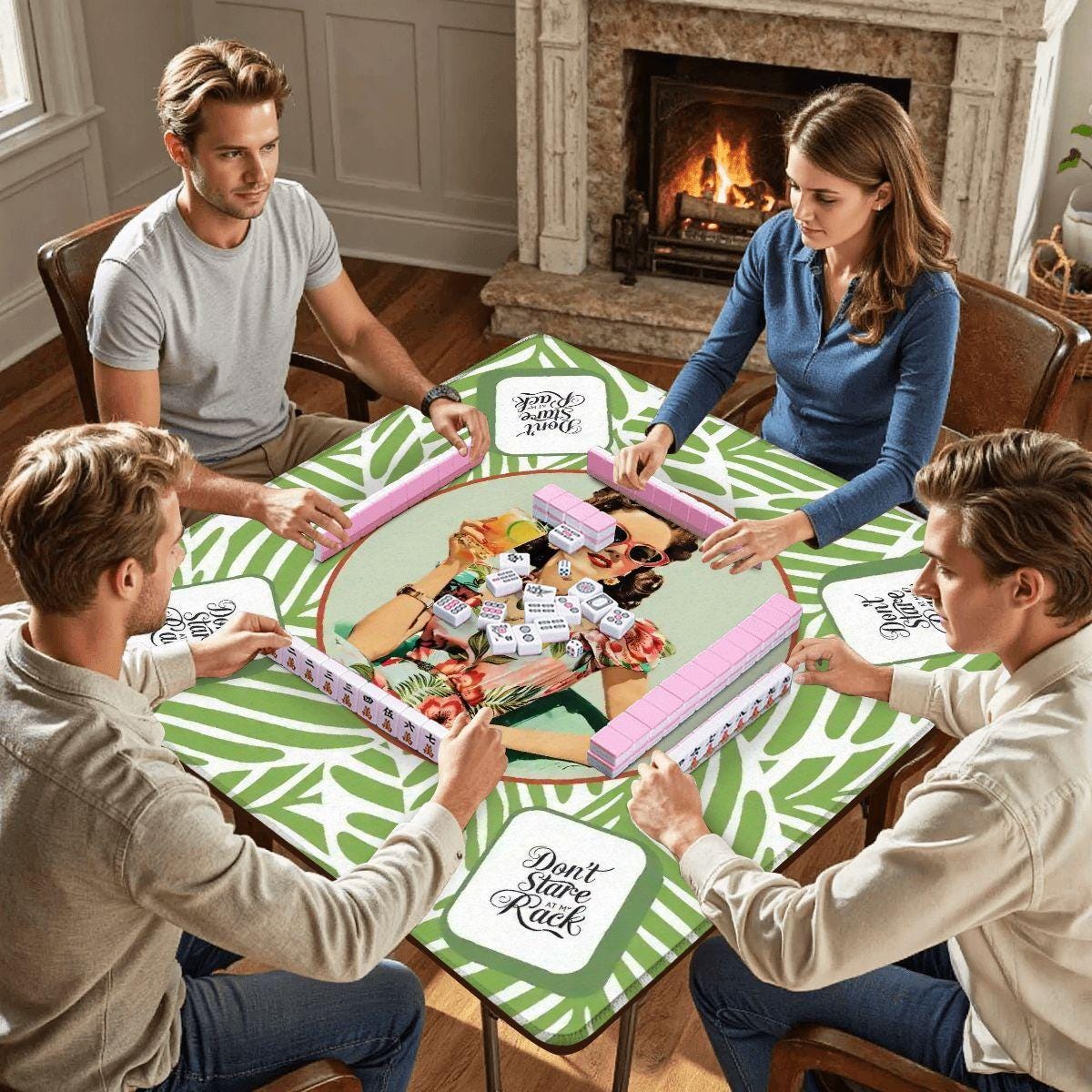 Funny Mahjong Game Mat Don’t Stare At My Rack Vintage Housewife Hawaiin Style Mahj Lover Game Night Mat - 31.5’’x31.5’’