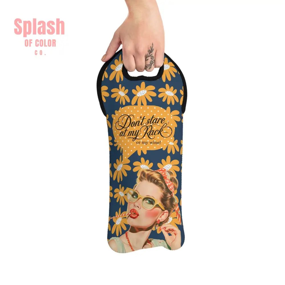 Funny Mahjong Gift, Don't Stare At My Rack, Or My Wine,Tote Bag Gift, Wine Lover Cheeky Fun Floral Blue Yellow Boho Floral Tote Bag - Splash of Color co.