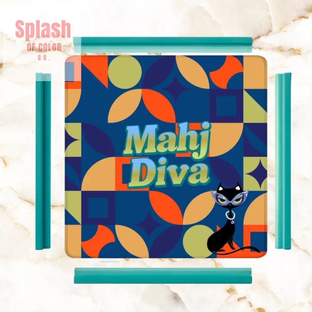Funny Modern Mahjong Mat, Royal Blue Orange Green Yellow Mahj Diva Sophisticated Kitty - Splash of Color co.