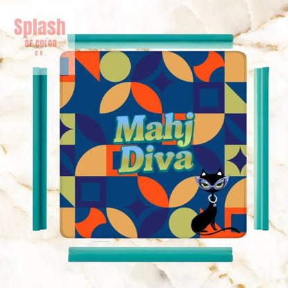 Funny Modern Mahjong Mat, Royal Blue Orange Green Yellow Mahj Diva Sophisticated Kitty - Splash of Color co.