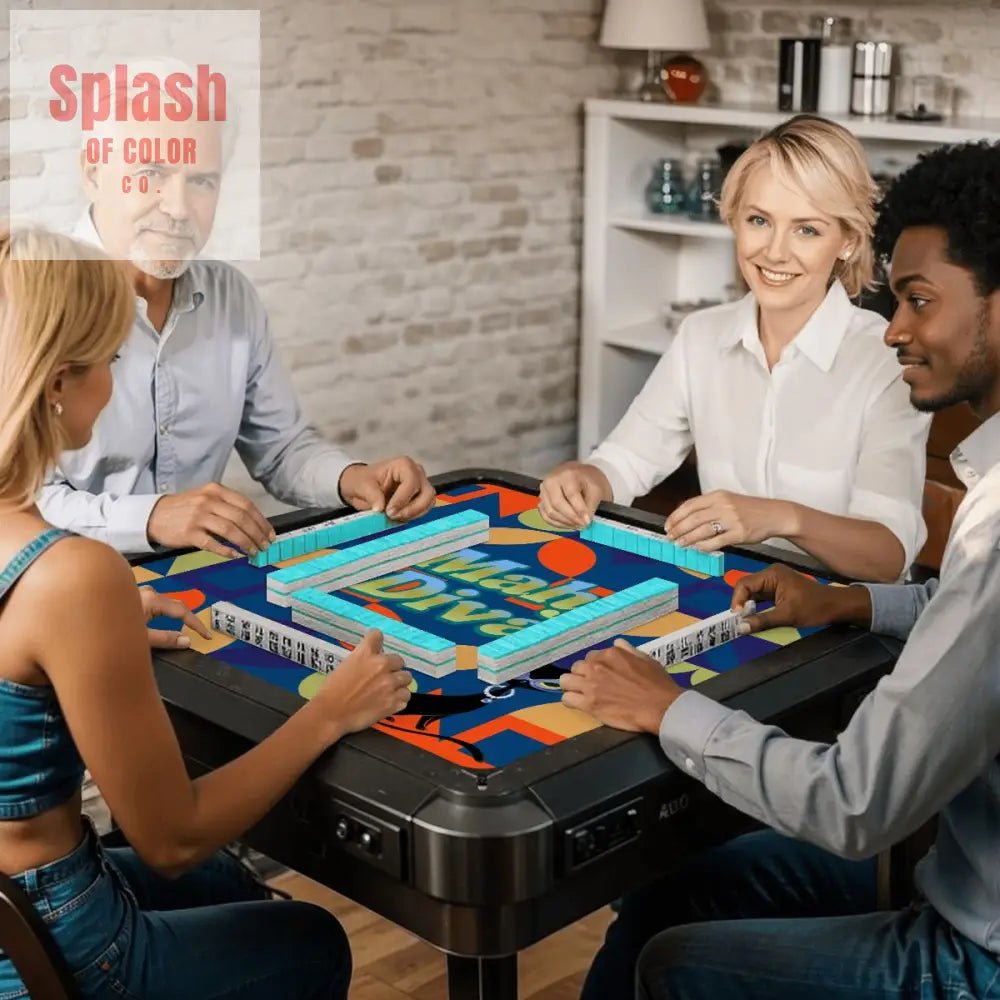 Funny Modern Mahjong Mat, Royal Blue Orange Green Yellow Mahj Diva Sophisticated Kitty - Splash of Color co.