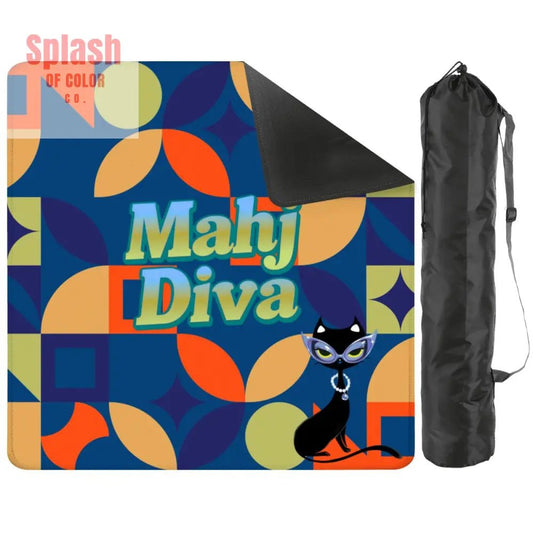 Funny Modern Mahjong Mat, Royal Blue Orange Green Yellow Mahj Diva Sophisticated Kitty - Splash of Color co.
