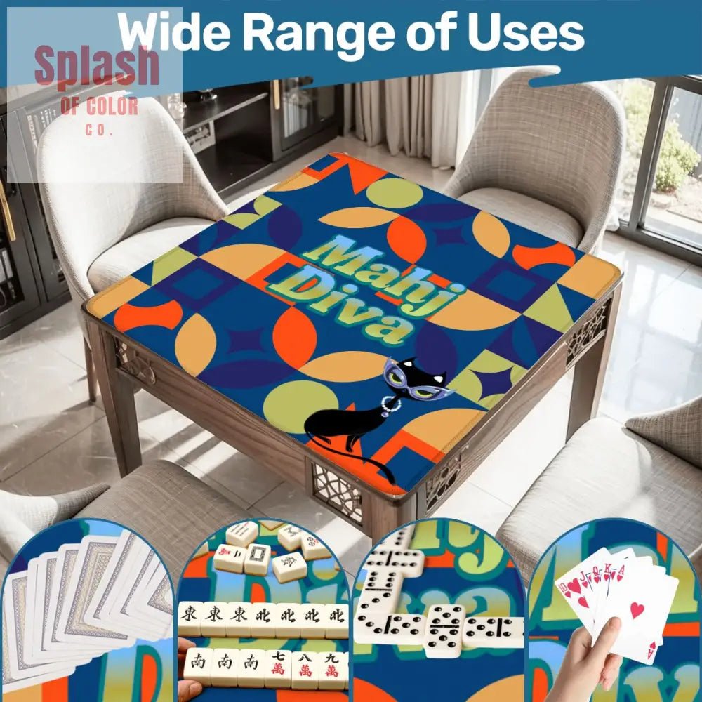 Funny Modern Mahjong Mat, Royal Blue Orange Green Yellow Mahj Diva Sophisticated Kitty - Splash of Color co.